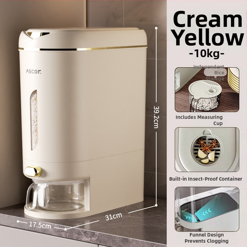 Ryžių kibiras, buitinis, sandarus, nuo vabzdžių ir drėgmei atsparus, 10 kg, stilingas maistinių miltų laikymo bakas, ryžių cilindrinė dėžė, ryžių makaronų laikymas