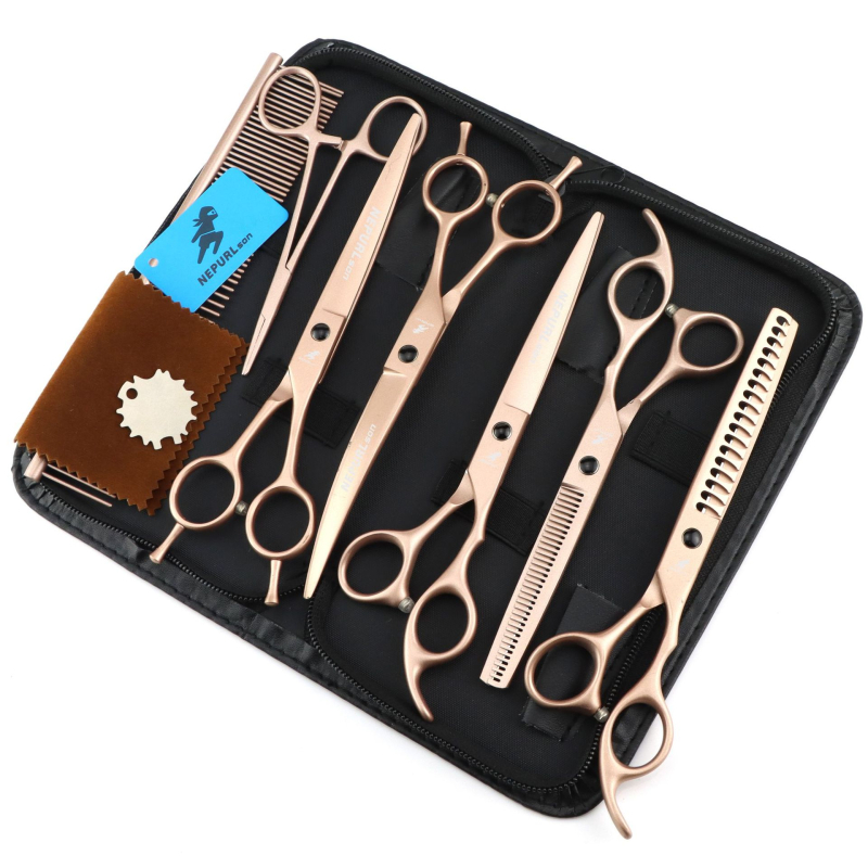 7.0 инча зелени 6 ножици за красота на домашни любимци прави ножици ножици с двойна опашка мачете ножици костюм рибена кост зъби зъби ножици за зъби