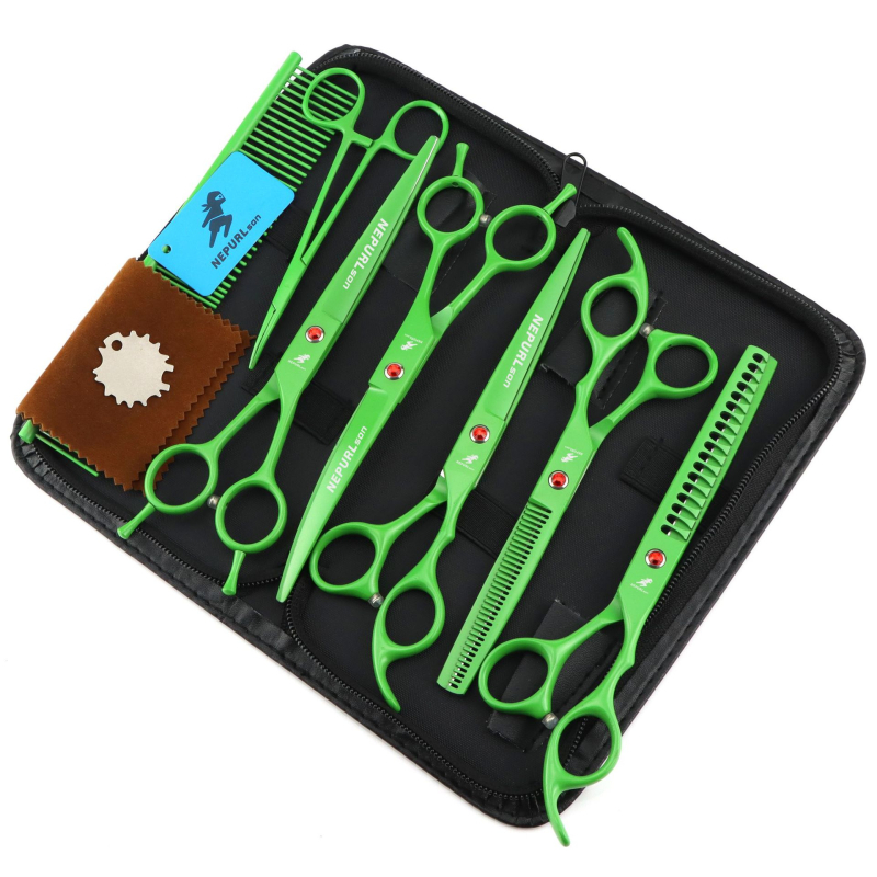 7.0 инча зелени 6 ножици за красота на домашни любимци прави ножици ножици с двойна опашка мачете ножици костюм рибена кост зъби зъби ножици за зъби