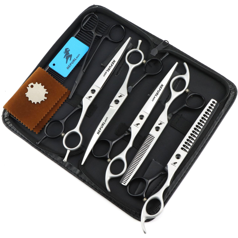 7.0 инча зелени 6 ножици за красота на домашни любимци прави ножици ножици с двойна опашка мачете ножици костюм рибена кост зъби зъби ножици за зъби