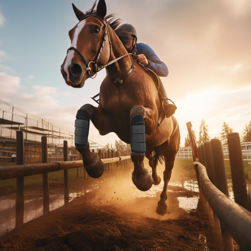 Kõrge elastsusega sukeldumismaterjalist kangas, pehme lööke neelav kokkupõrkevastane rakmete jalakaitsmetega hobuserihmad, elastne sall, ühe hobuse vest õues kasutamiseks