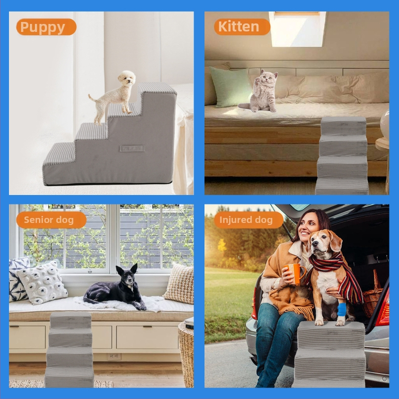 Schody pre psov, štvorstupňové schody pre psov na vysokú posteľ a pohovku, 4-stupňový rebrík pre domáce zvieratá z peny s vysokou hustotou