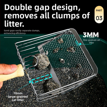 Kačių kraiko kastuvas, smulkios skylės, didelis metalinis nerūdijančio plieno kačių kastuvas, bentonito rūdos kačių kraiko kastuvo artefaktas