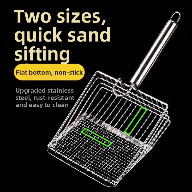 Kačių kraiko kastuvas, smulkios skylės, didelis metalinis nerūdijančio plieno kačių kastuvas, bentonito rūdos kačių kraiko kastuvo artefaktas