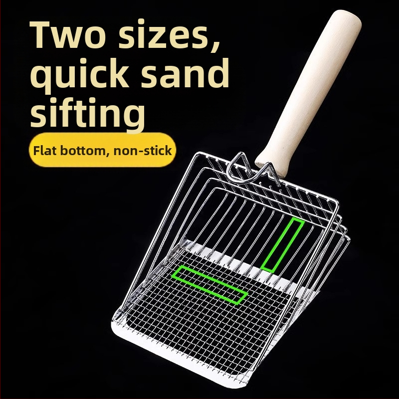 Kačių kraiko kastuvas, smulkios skylės, didelis metalinis nerūdijančio plieno kačių kastuvas, bentonito rūdos kačių kraiko kastuvo artefaktas