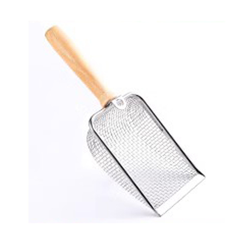 Kačių kraiko kastuvas, smulkios skylės, didelis metalinis nerūdijančio plieno kačių kastuvas, bentonito rūdos kačių kraiko kastuvo artefaktas