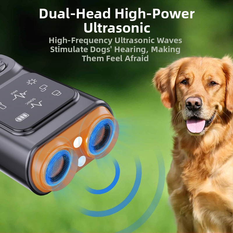 Ултразвуков репелент за кучета с двойна глава, преносим репелент за кучета с екран, стоп осветление, мигаща светлина, анти-ухапване от кучета, репелент против артефакт