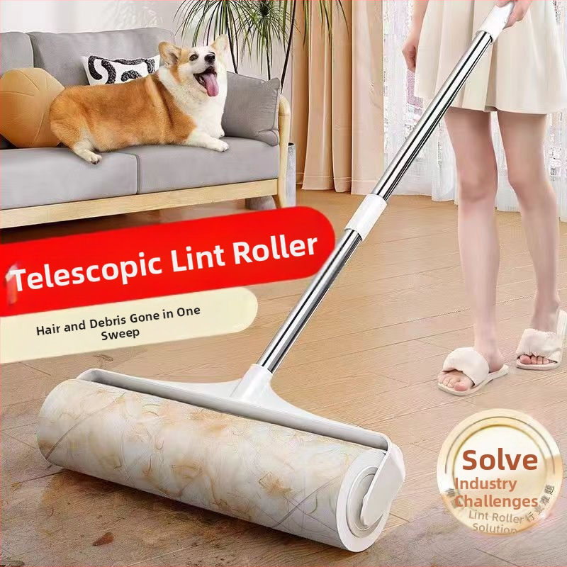 Plaukų lipdukų volelis, ilgas strypas, didelis plaukų lipdukas, lova, grindys, plaukų valymas, artefaktas, dulkių volelis, prilipęs plaukų volelis, šepetys