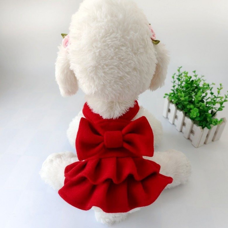 Домашно плюшено мече за кучета, дрехи за кучета, есенни и зимни, принцесна пола, рокля, сватбена рокля с котка, червена рокля
