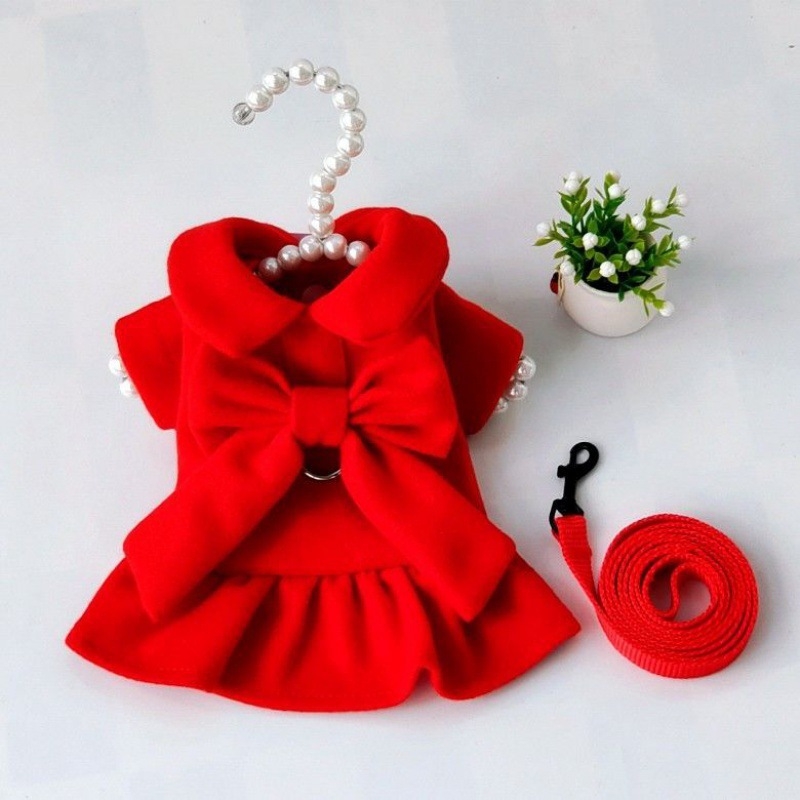 Домашно плюшено мече за кучета, дрехи за кучета, есенни и зимни, принцесна пола, рокля, сватбена рокля с котка, червена рокля