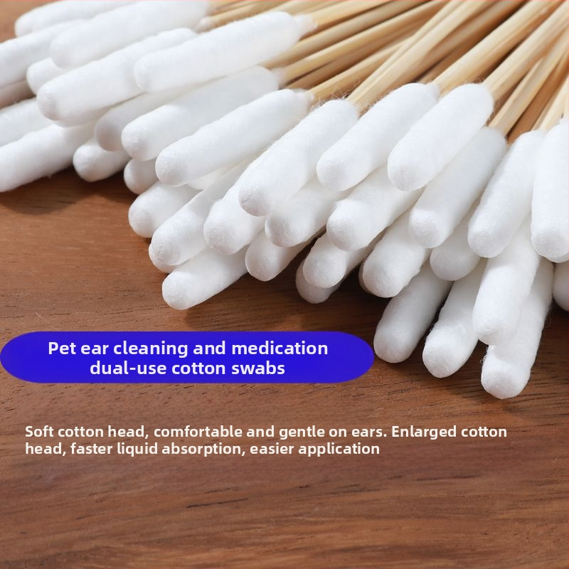 Памучен тампон за домашни любимци, памучен тампон за котки и кучета, универсален памучен тампон за почистване на уши, анално почистване, лекарство с двойна употреба, памучен тампон с екстра голяма памучна глава, бамбукова пръчица
