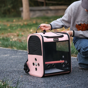 Τσάντα για παπαγάλους, σακίδιο πλάτης για κατοικίδια, μικρή φορητή τσάντα για γάτες εξωτερικού χώρου, πανοραμική διαφανής βάση στήριξης με διπλή τροφή, τσάντα για πουλιά, κύπελλο