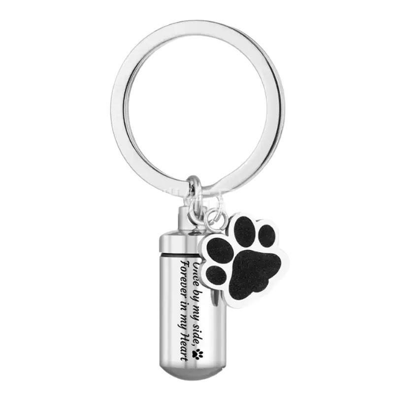 Nerūdijančio plieno naminių gyvūnėlių pelenų raktų pakabukas cilindrinis šuns letenos butelis