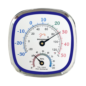 Rodyklės termometras ir higrometras, tarpvalstybinė anglų kalbos versija, termometras užsienio kalba, užsienio prekyba, buitinis Farenheito sausas ir drėgnas termometras