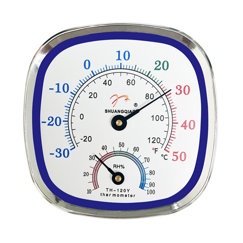 Rodyklės termometras ir higrometras, tarpvalstybinė anglų kalbos versija, termometras užsienio kalba, užsienio prekyba, buitinis Farenheito sausas ir drėgnas termometras