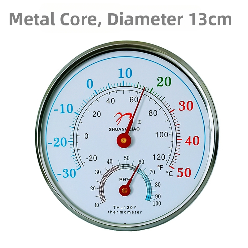 Rodyklės termometras ir higrometras, tarpvalstybinė anglų kalbos versija, termometras užsienio kalba, užsienio prekyba, buitinis Farenheito sausas ir drėgnas termometras