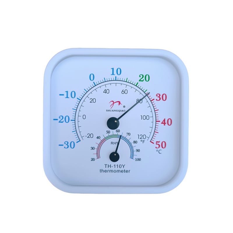 Rodyklės termometras ir higrometras, tarpvalstybinė anglų kalbos versija, termometras užsienio kalba, užsienio prekyba, buitinis Farenheito sausas ir drėgnas termometras