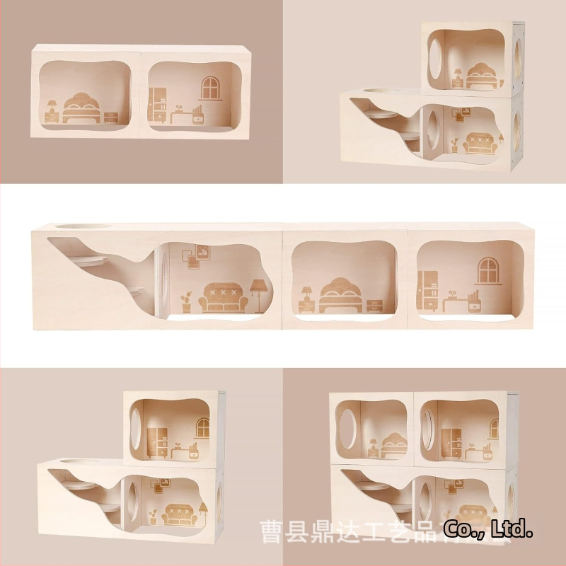 Дървена къщичка за хамстер, тунел за малки животни, играчка за изследване на дървени пейзажни принадлежности, тайно воайорско гнездо