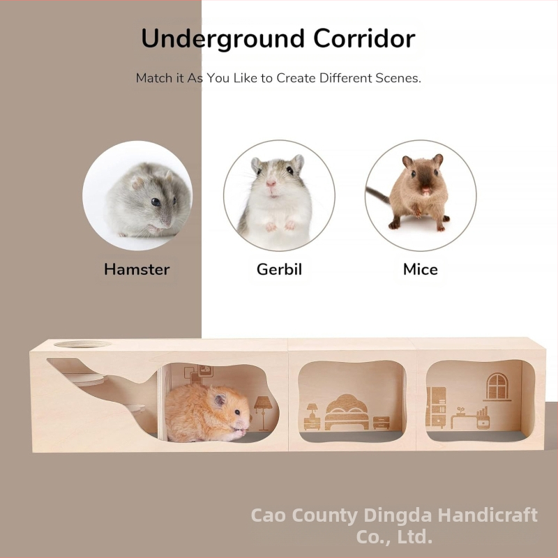 Дървена къщичка за хамстер, тунел за малки животни, играчка за изследване на дървени пейзажни принадлежности, тайно воайорско гнездо
