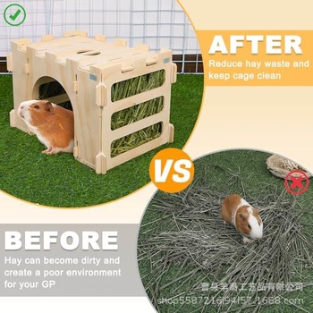 Διασυνοριακή ταΐστρα κατοικίδιων ζώων για κουνέλι, τροφοδότης σανού τρία σε ένα, ξύλινη διακόσμηση βίλας για χάμστερ