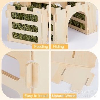 Διασυνοριακή ταΐστρα κατοικίδιων ζώων για κουνέλι, τροφοδότης σανού τρία σε ένα, ξύλινη διακόσμηση βίλας για χάμστερ