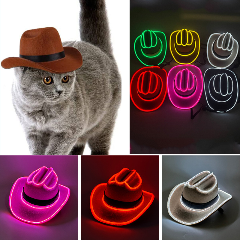 LED gaismas lentes mājdzīvnieku kovboju cepure, kaķu suņu mini maza cepurīte, svētku rietumu LED džinsa mājdzīvnieku cepure