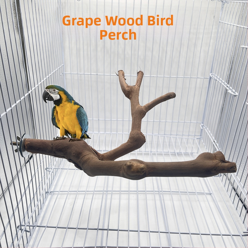 Естествена дървена стойка за птици с двоен клон от грозде, кацалка за папагали, шлифоваща нокът, стълб за станция за птици с разклонение, дървена играчка-пръчка от грозде