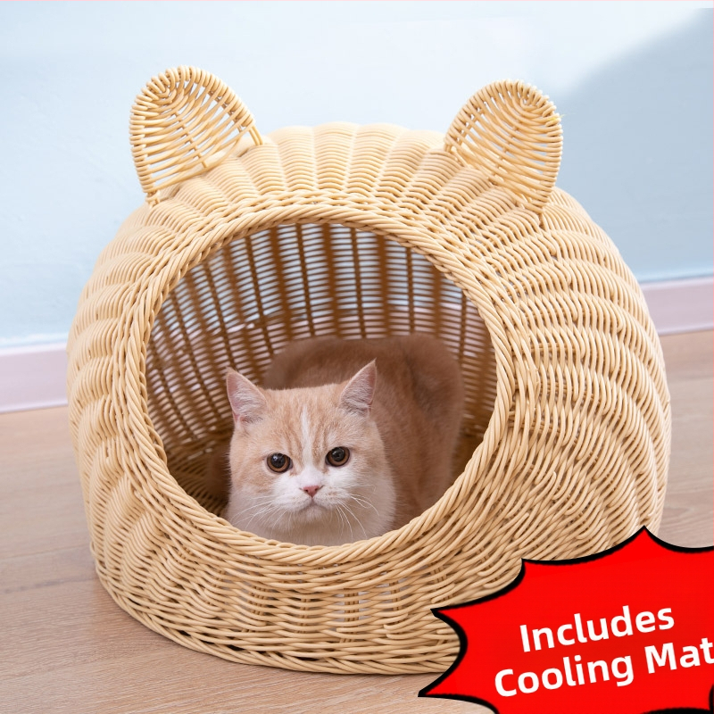 Imitacija ratana, perivo mačje gnijezdo, vila, poluzatvorena, univerzalna ljetna kućica za pse od ratana, prozračna, za četiri godišnja doba, generacija dlake