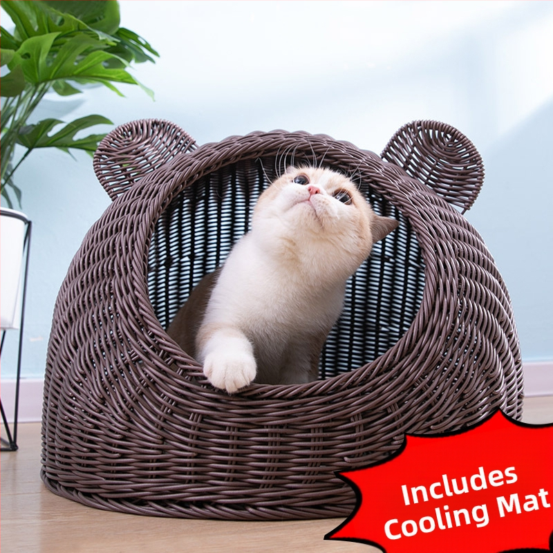 Imitacija ratana, perivo mačje gnijezdo, vila, poluzatvorena, univerzalna ljetna kućica za pse od ratana, prozračna, za četiri godišnja doba, generacija dlake