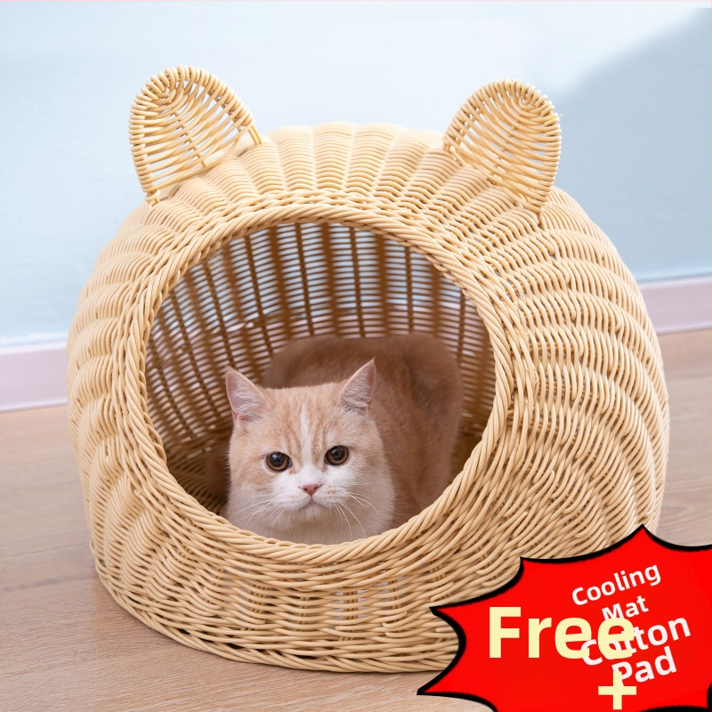 Imitacija ratana, perivo mačje gnijezdo, vila, poluzatvorena, univerzalna ljetna kućica za pse od ratana, prozračna, za četiri godišnja doba, generacija dlake