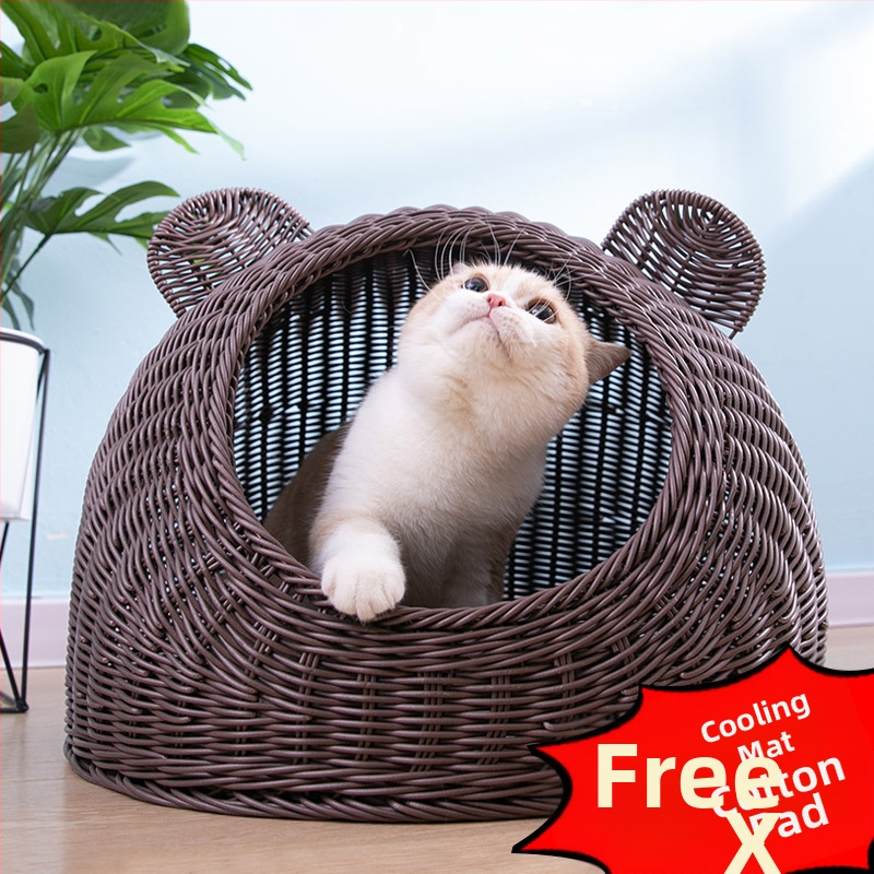 Imitacija ratana, perivo mačje gnijezdo, vila, poluzatvorena, univerzalna ljetna kućica za pse od ratana, prozračna, za četiri godišnja doba, generacija dlake