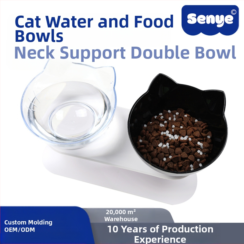 Купа за котки на едро за кучета и котки с високо гърло, неплъзгаща се, наклонена уста, питейна вода за хранене на котки, купа за хранене, двойна купа