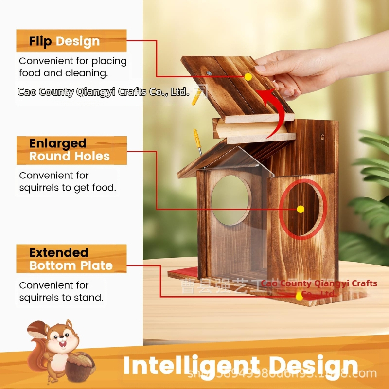 Дървена хранилка за катерици, висяща хранилка за катерици за външна употреба, обикновена дървена маса за хранене с катерици за външна употреба