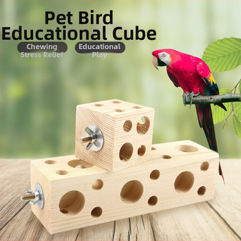Фабрична наличност, дървена стойка за папагал за домашни любимци, шлифоване на птици, инструмент за щипки, устойчив на ухапване, вградена играчка куб за птици, хранилка за птици