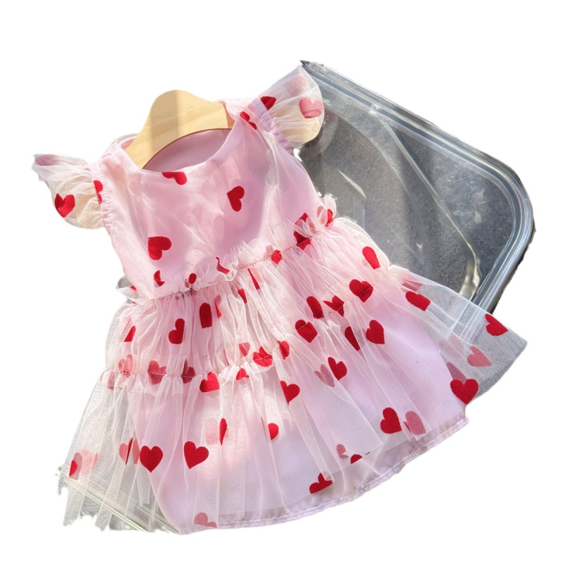 Rochie pentru câini cu mâneci fluturate și plasă cu imprimeu de inimă, respirabilă, potrivită pentru ținute în aer liber primăvara și toamna, îmbrăcăminte pentru pisici și câini, îmbrăcăminte pentru câini