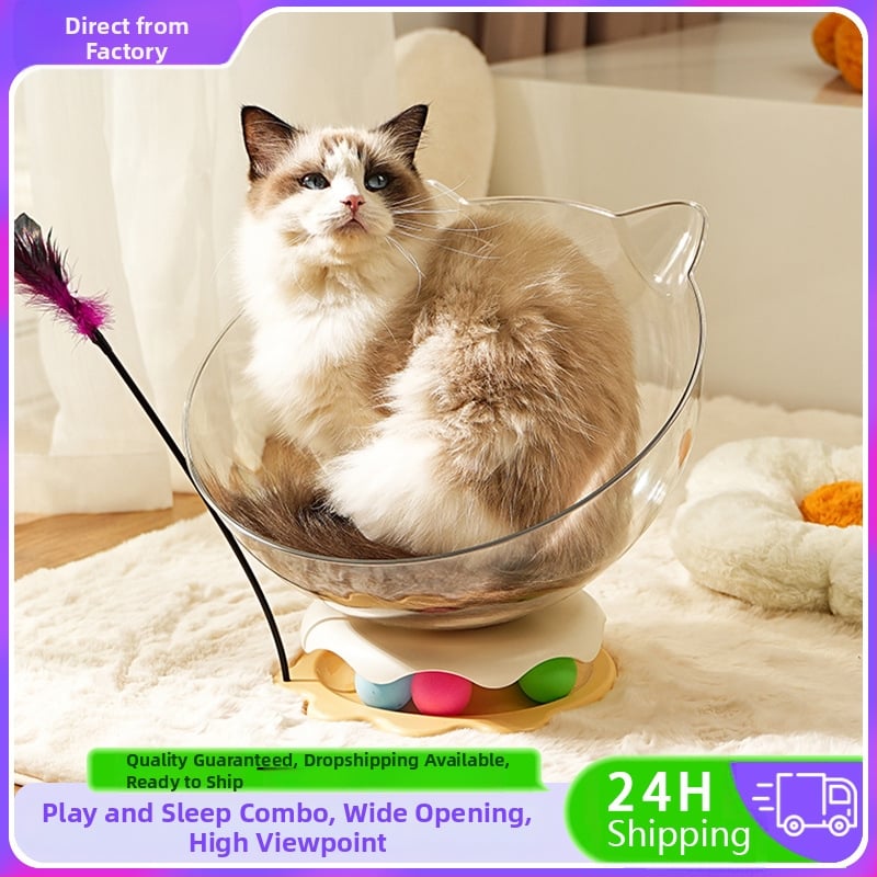 Cuib de pisică în formă de capsulă spațială pentru a ameliora plictiseala, jucărie pentru pisici cu placă rotativă încorporată și băț amuzant pentru pisici, cuib multifuncțional pentru pisici, pentru a se juca și a dormi