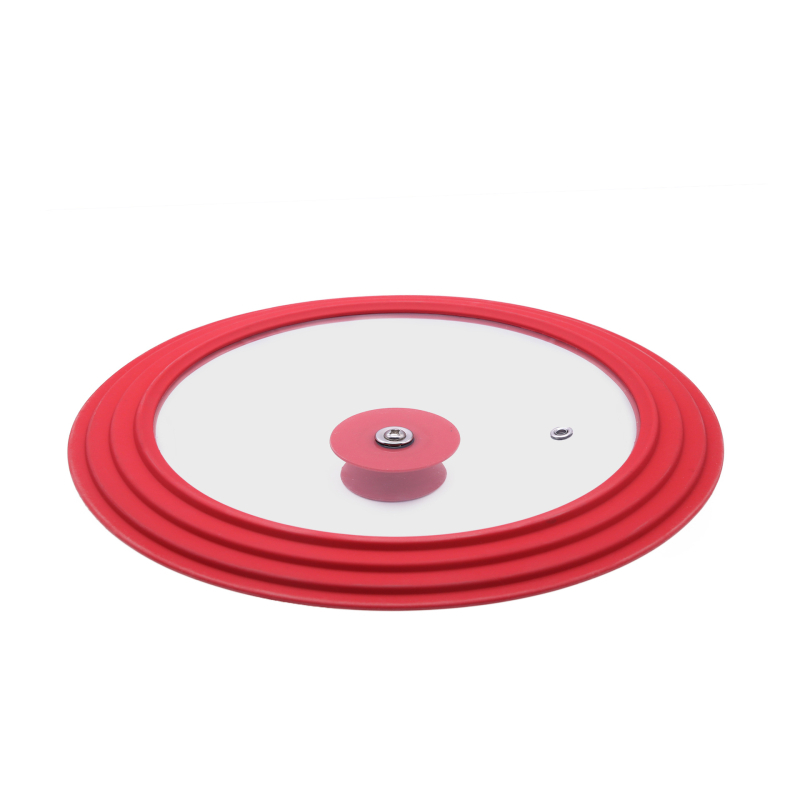 Raudonas daugiafunkcis puodo dangtelis, grūdinto stiklo silikoninis dangtelis, atsparus aliejaus purslams, įvairių dydžių puodo dangtelis