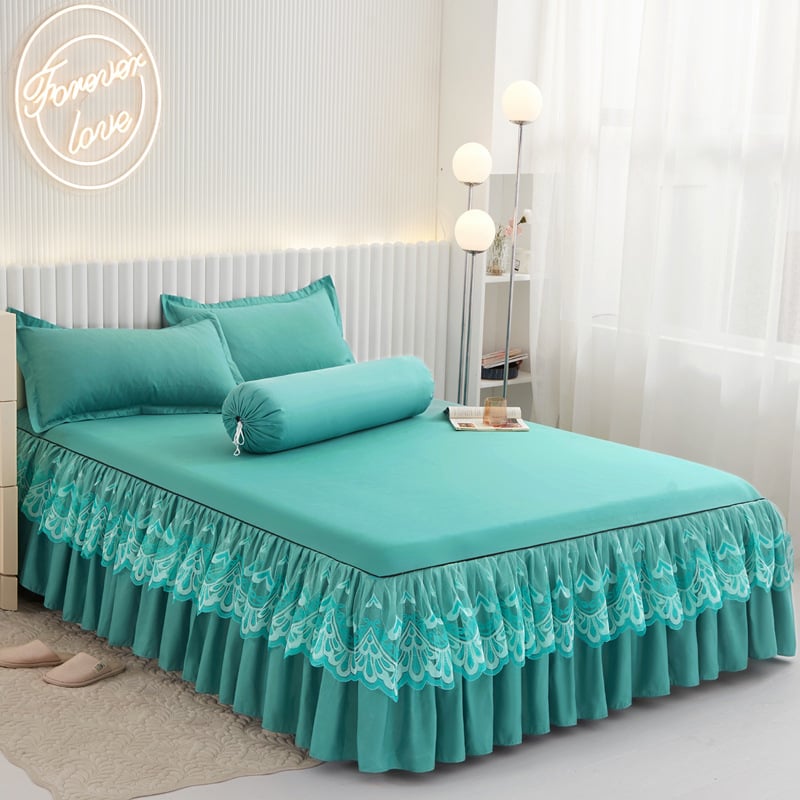 ✅ Νέο σετ τριών τεμαχίων από μονόχρωμη δαντελένια φούστα κρεβατιού με βουρτσισμένο κάλυμμα κρεβατιού, απευθείας πώληση από τον κατασκευαστή, μπλε καμήλα, ροζ γκρι