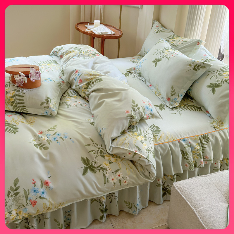 ✅ Нови 2024 г. Кувертюра за легло с пола, едно парче от чист памук, чаршафи с подгъв и чаршафи с пола за всички сезони