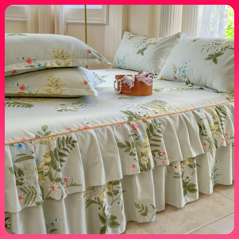 ✅ Нови 2024 г. Кувертюра за легло с пола, едно парче от чист памук, чаршафи с подгъв и чаршафи с пола за всички сезони