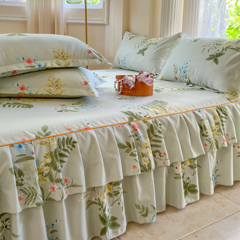 ✅ Нови 2024 г. Кувертюра за легло с пола, едно парче от чист памук, чаршафи с подгъв и чаршафи с пола за всички сезони