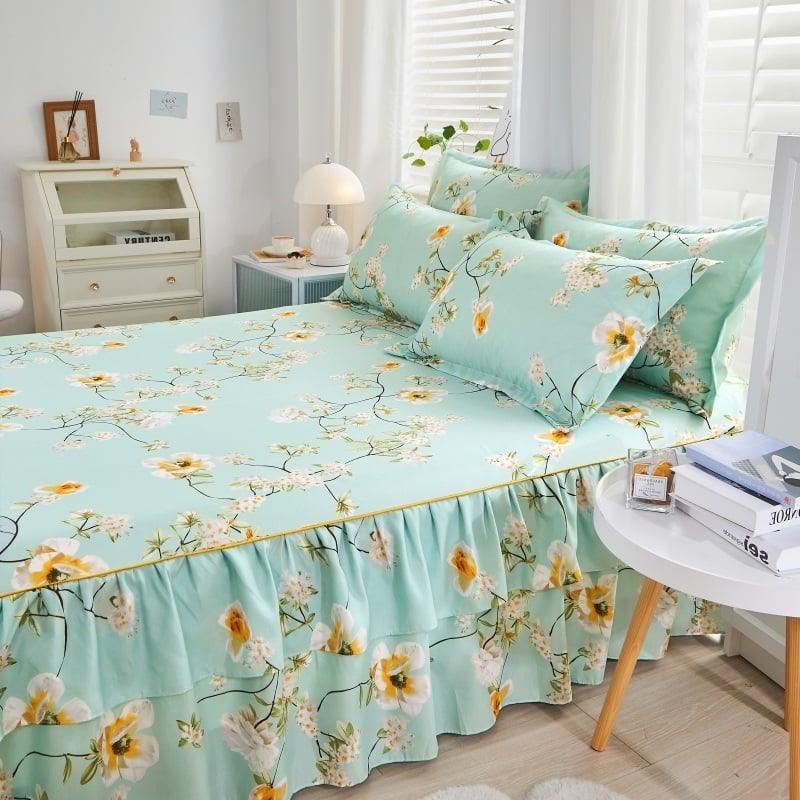 ✅ Нови 2024 г. Кувертюра за легло с пола, едно парче от чист памук, чаршафи с подгъв и чаршафи с пола за всички сезони