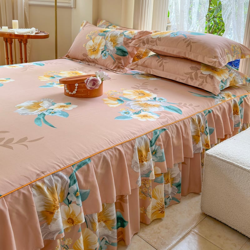 ✅ Нови 2024 г. Кувертюра за легло с пола, едно парче от чист памук, чаршафи с подгъв и чаршафи с пола за всички сезони