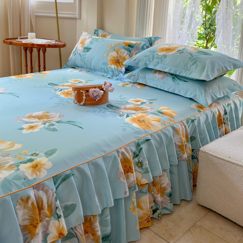 ✅ Нови 2024 г. Кувертюра за легло с пола, едно парче от чист памук, чаршафи с подгъв и чаршафи с пола за всички сезони