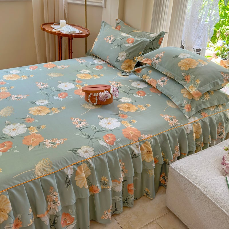 ✅ Нови 2024 г. Кувертюра за легло с пола, едно парче от чист памук, чаршафи с подгъв и чаршафи с пола за всички сезони