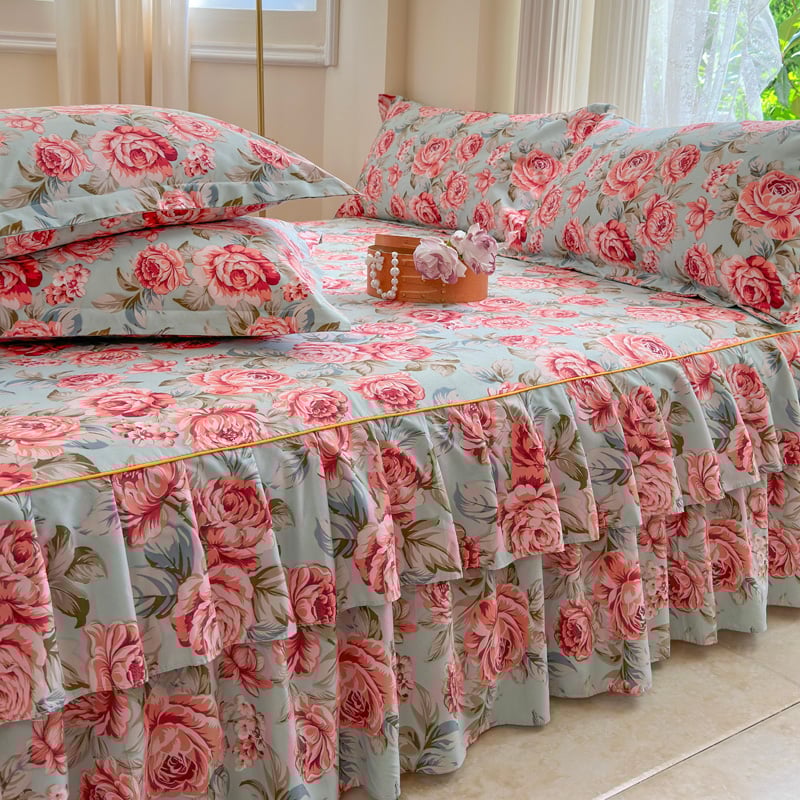 ✅ Нови 2024 г. Кувертюра за легло с пола, едно парче от чист памук, чаршафи с подгъв и чаршафи с пола за всички сезони