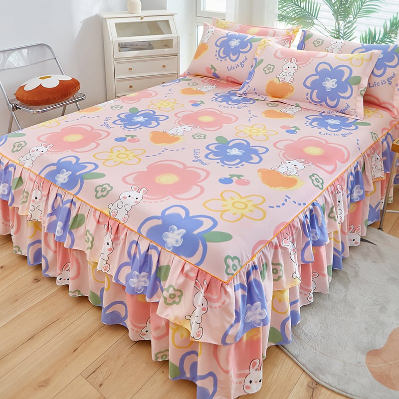 ✅ Нови 2024 г. Кувертюра за легло с пола, едно парче от чист памук, чаршафи с подгъв и чаршафи с пола за всички сезони