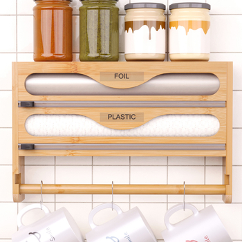 Prie sienos tvirtinamas plastikinio įvyniojimo pjaustytuvas, bambukinis daugiasluoksnis virtuvės pjaustymo dėžutė, sluoksniuotas alavo folijos popierius, korėjietiško stiliaus paprasta laikymo dėžutė