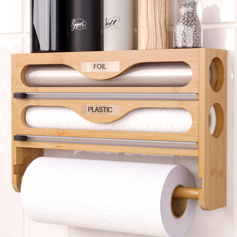 Prie sienos tvirtinamas plastikinio įvyniojimo pjaustytuvas, bambukinis daugiasluoksnis virtuvės pjaustymo dėžutė, sluoksniuotas alavo folijos popierius, korėjietiško stiliaus paprasta laikymo dėžutė