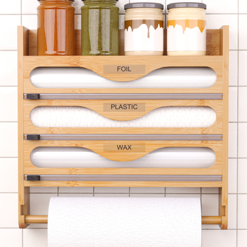 Prie sienos tvirtinamas plastikinio įvyniojimo pjaustytuvas, bambukinis daugiasluoksnis virtuvės pjaustymo dėžutė, sluoksniuotas alavo folijos popierius, korėjietiško stiliaus paprasta laikymo dėžutė